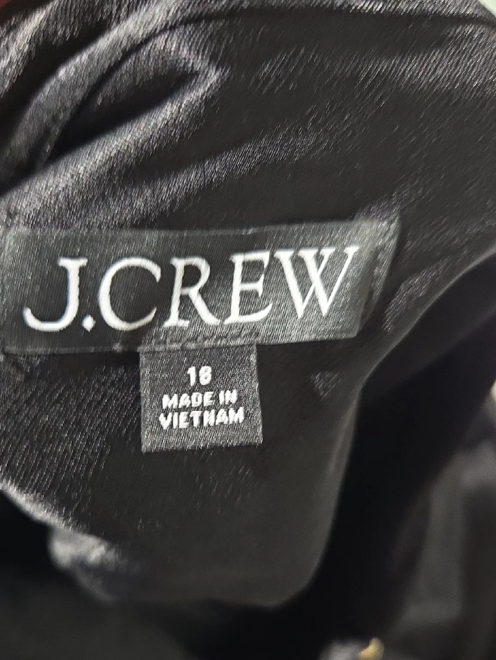 J. CREW Elegant Classic Black Satin Shirt Dress with Waist Tie Sz 18